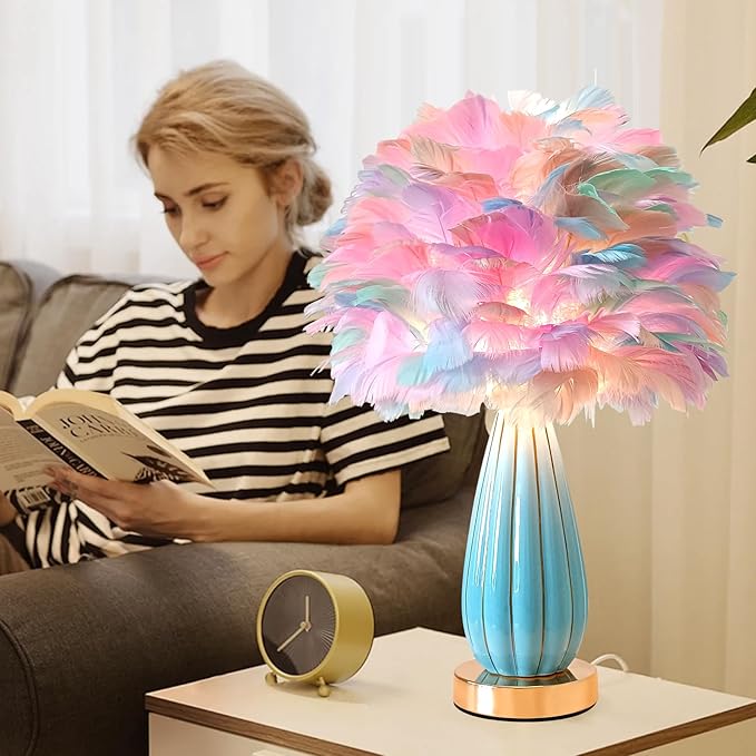 Colorful Feather Lamp Modern Fuzzy Table Lamp Romantic Rainbow Bedside Lamp Nordic Fluffy Princess Nightstand Light for Girl Bedroom Living Room Entry Office Wedding Decor Christmas Gift - Bloomnest