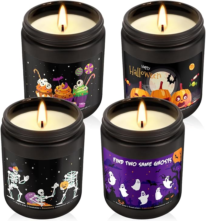 Halloween Scented Candles Set of 4 (7oz Each) – Spooky Aromatherapy Soy Wax Candles with Bat & Ghost Designs, Smokeless for All Saints' Day, Home Decor & Festive Gifts - Bloomnest