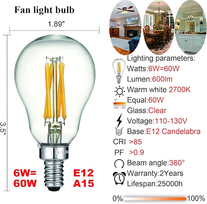 LiteHistory E12 led Bulb dimmable 6W Equal e12 Candelabra Bulb 60 watt A15 LED Bulb for Ceiling Fan,Chandeliers,Wall sconces Warm White 2700K 600LM AC120V Clear 6Pack - Bloomnest