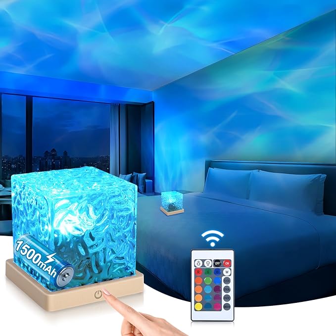 Aurora Ocean Wave Projector Light, Cordless Rechargeable, 16 Colors 4 Modes Northern Lights Lamp with Touch & Remote for Bedroom, Water Ripple Night Light for Room Decor Ambient Mood Lighting - Bloomnest