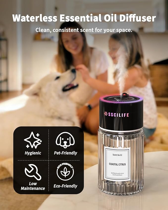 SSICLIFE Smart Car Air Freshener, Waterless Essential Oil Car Diffuser, 120ML Capacity, Up to 6720 Sprays, RGB Music Syncing Light with Starry Sky Projection, Smart Auto On/Off SSCILIFE