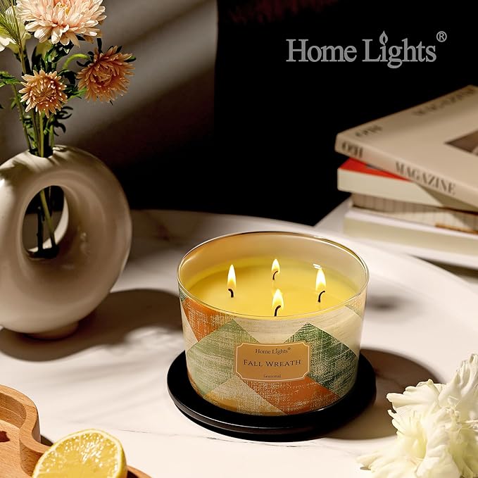 HomeLights Soy Wax Candles for Home Scented, 4-Wick Candles in Fall Wreath Scented, Rustic Modern Aromatherapy Candles Gift for Parties, Relaxing, 18oz - Bloomnest