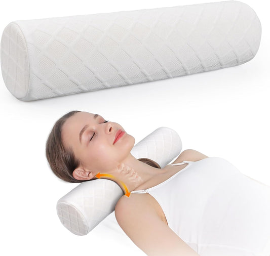 Cozyhealth Cervical Roll Pillow, Medium Soft Memory Foam Neck Round Pillow Cylinder Bolster Pillow for Sleeping, Round Neck Support for Bed, Legs, Back and Yoga (White, Large - 4.7" H)
