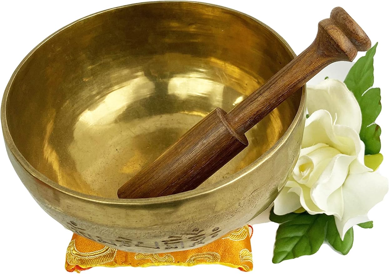 422 SB-5 Agan Traders Hand Pounded 'Om Mani Padme Hum' Mantra Healing Singing Bowl Set (E, 4.5" diameter) - Bloomnest