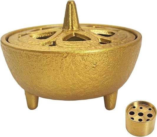 Small Cast Iron Incense Burner Holder, Home Decor, Bowl Design with Lid, Golden Incense for Sticks, Resin, Cone Incense or Wax Melts, Cense with Stand Base for Yoga, Spa, Room, Office - Bloomnest