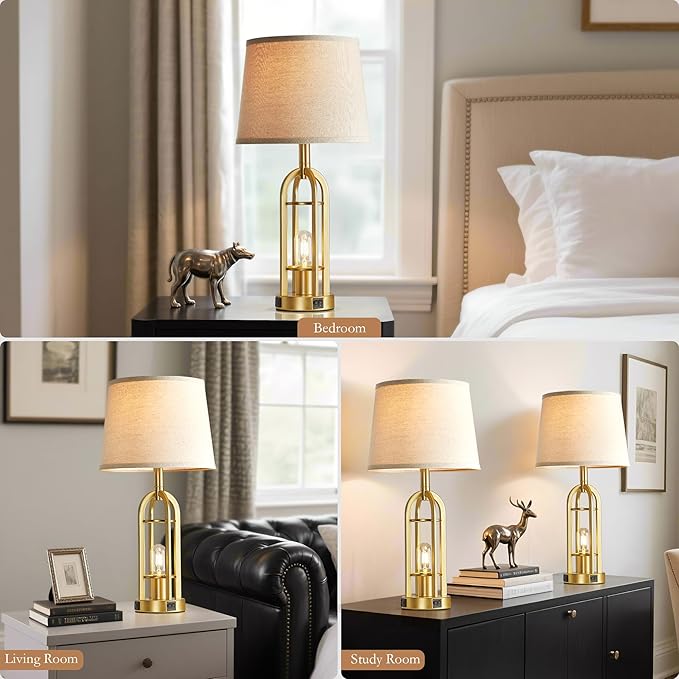 Gold Table Lamps for Living Room Set of 2 - Modern Farmhouse Bedside Lamps for Bedroom Night Stands with Nightlight and USB A+C, Industrial Lamp for Living Room End Tables - Bloomnest