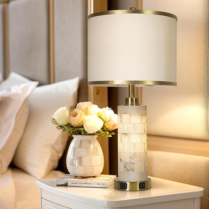 27" Natural Alabaster Table Lamps Set of 2, Lamps for Living Room Bedroom,Bedside Lamps with Night Light,Nightstand Lamp with USB A+C Ports,Modern Table Lamp with Linen Shade (Bulbs Included) - Bloomnest
