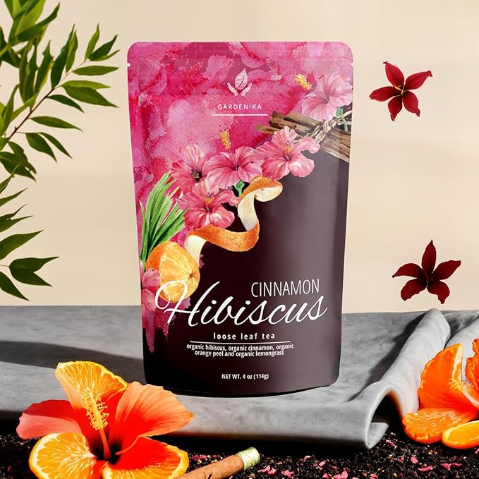Gardenika Organic Cinnamon Hibiscus Loose Leaf Tea | Natural & Antioxidant Rich | Caffeine-Free | 55+ Cups | USDA Organic & Kosher | 4 oz - Bloomnest