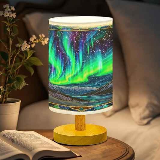 Northern Lights Table Lamp LED 3-Color Pressed Bedside for Merry Christmas, Northern Lights Shade Christmas Table Lamp with Wood Base for Bedroom Living Room Desk Office - Bloomnest