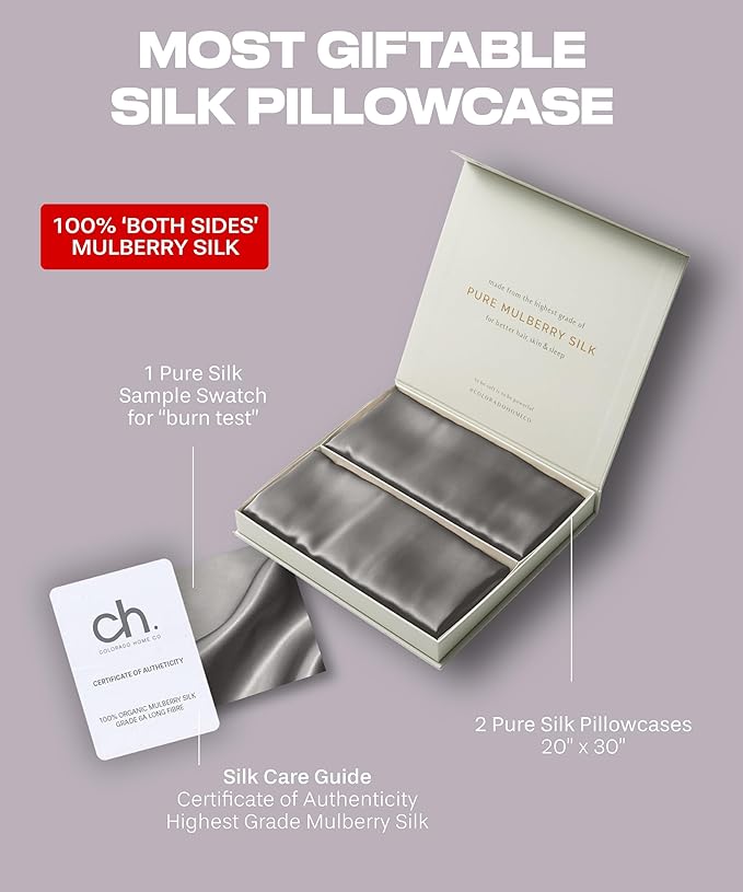 SUNDAYSILKS™ Silk Pillow Cases 2 PACK | 22 Momme Mulberry Silk Pillowcase Set of 2 | Standard Queen, King Size | All Sides 100% Pure Silk Slip Pillowcase Bliss for Women with Zipper [Charcoal Essence] - Bloomnest