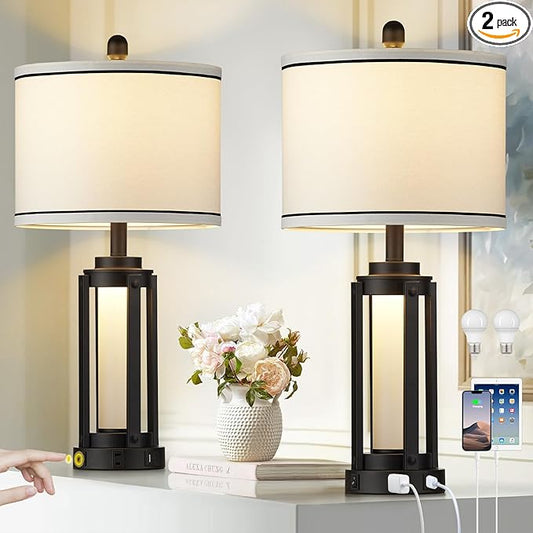 Industrial Table Lamps Set of 2, Modern Beside Lamp with USB A+C Charging Ports & AC Outlet, Rustic Nightstand Lamp with LED Night Light for Living Room Bedroom End Table Entryway Black Bulbs Included - Bloomnest