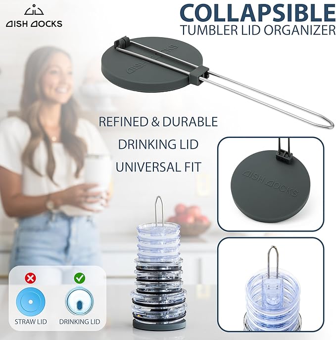 2-pk Tumbler Lid Organizer for Cabinet & Countertop - Slim Space-Saving Lid Holder with 9" Sturdy Bar & Weighted, Non-Slip Base - Vertical Storage Cup Lid Organizer - Collapsible Lid Rack for 10 Lids - Bloomnest