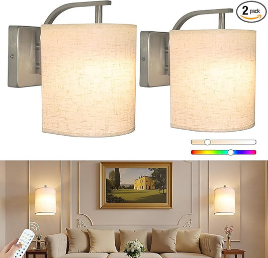 Wireless Wall Sconces Set of 2, Rechargeable Battery Operated Wall Lights with Remote, Dimmable Magnetic LED Bulbs,12 RGB Colors and Timer, Cordless Sconces for Bedroom Living Room (Silver) - Bloomnest