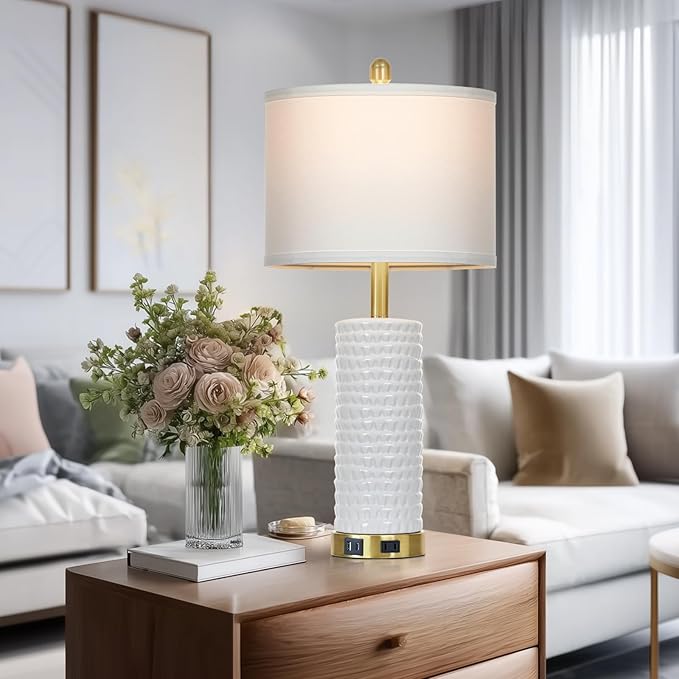 26" White Table Lamps for Living Room Set of 2, Ceramic Bedroom Lamps for Nightstands, Modern Bedside Lamps for Bedroom Living Room, Nightstand Lamps for End Table, Hallway, Gold and White - Bloomnest