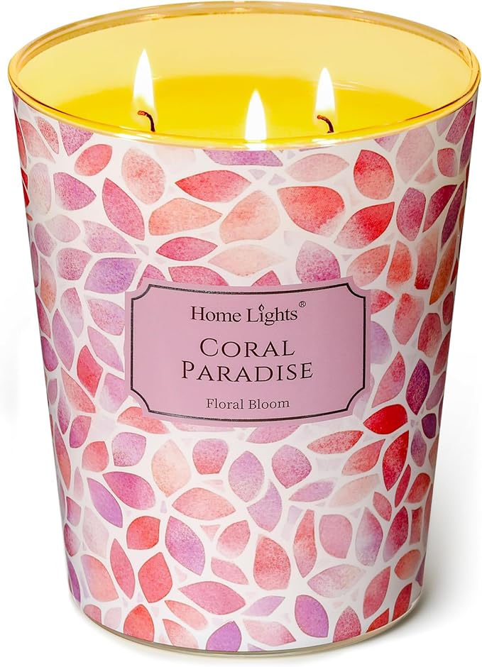 HomeLights Coral Paradise Scented Candles | 34oz Soy Candles Bohemian Natural Textures 3-Wick Large Candle Jars | Ideal Candle Gifts for Events, Home Decor Stress, Relief & Relaxation - Bloomnest