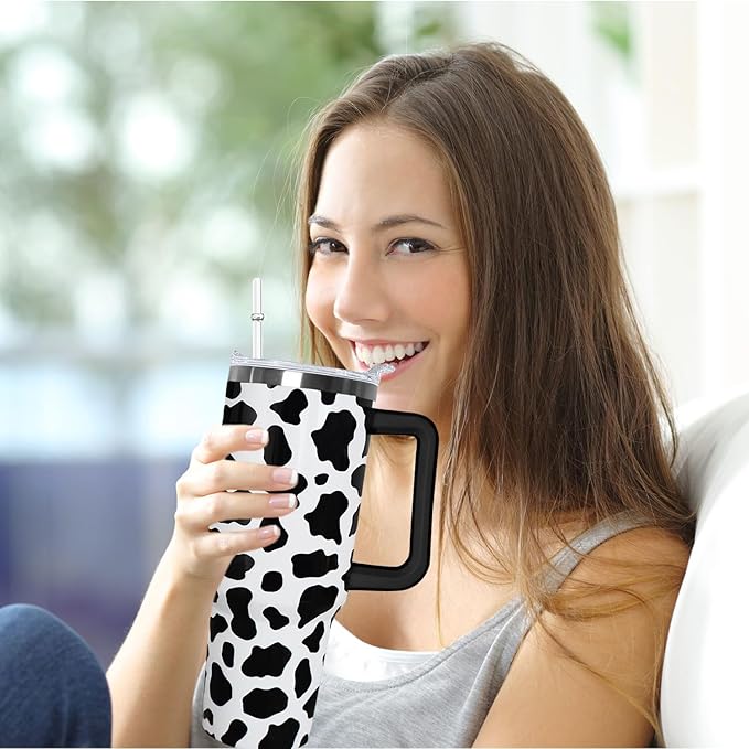 Ceovfoi 40 Oz Cow Tumbler With Handle,Cow Print Coffee Travel Mug Cup Water Bottle,Cow Print Decor,Cow Gifts for Women - Bloomnest