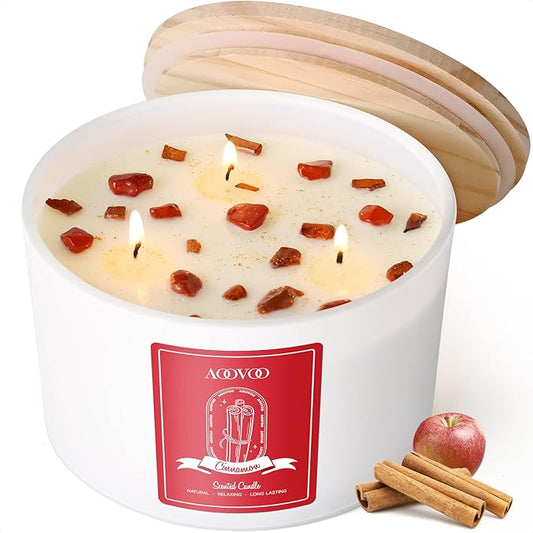 AOOVOO Apple Cinnamon Scented Candles for Women - 20oz 3 Wick Soy Candles for Home Scented, Aromatherapy Candle with Crystals Inside, Birthday Gifts Christmas Candle for Women Mom - Bloomnest