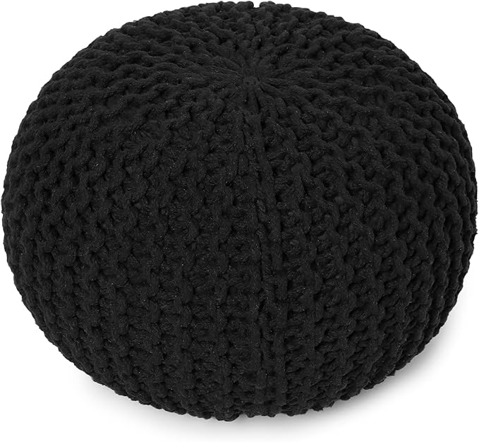 REDEARTH Round Pouf Foot Stool Ottoman - Hand Knitted Bean Bag - Cord Boho Pouffe - Cable Poof Footrest for Living Room - Nursery - Bedroom - Patio - 100% Cotton - Home Decor (19.5"x19.5"x14") - Black - Bloomnest