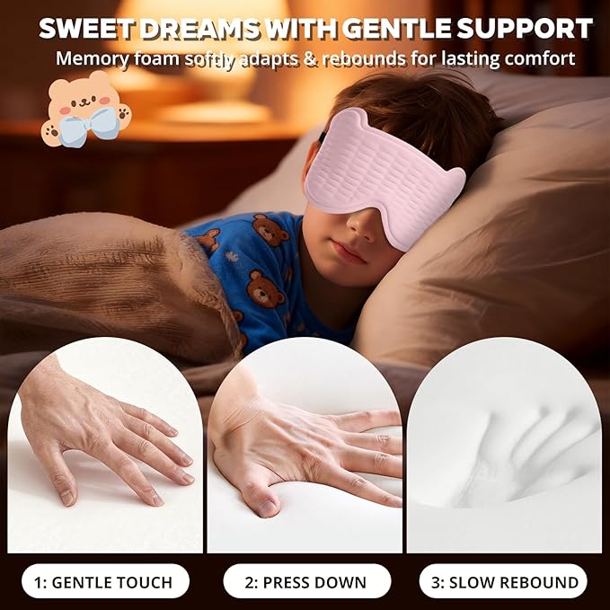 3D Kids Sleep Mask – Cute Bear Eye Mask for Sleeping, Comfortable Memory Foam Sleep Mask for Kids, Adjustable Strap and Lightweight Sleeping Mask for Boys Girls Teens Ages 5-15 (Light Pink) - Bloomnest
