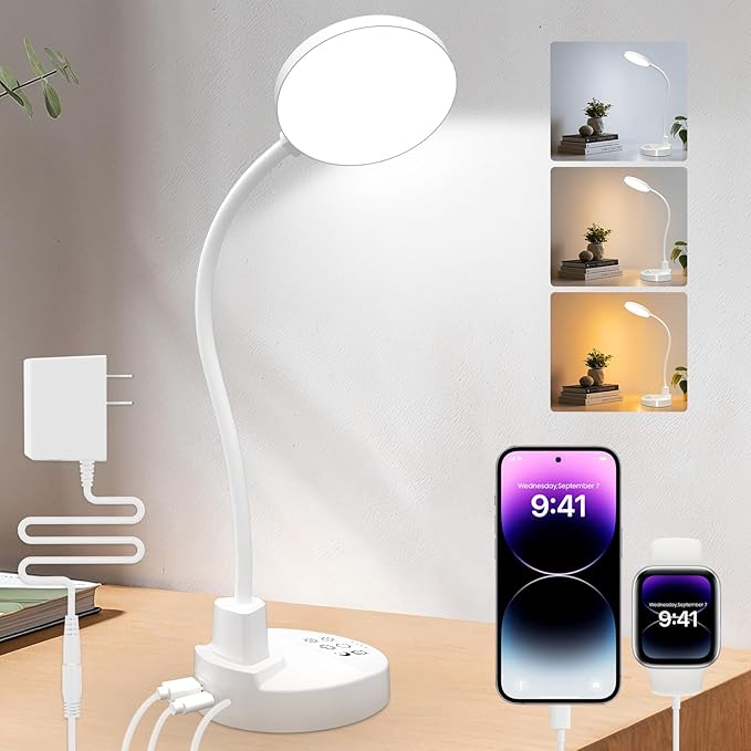 15W LED Desk Lamp with USB Charging Ports – Dimmable Table Lamp with 3 Color Temps, 5 Brightness, 4 Timers, Flexible Gooseneck Light with Base, Eye-Caring Reading Light for Home Office, Bedroom, Study - Bloomnest