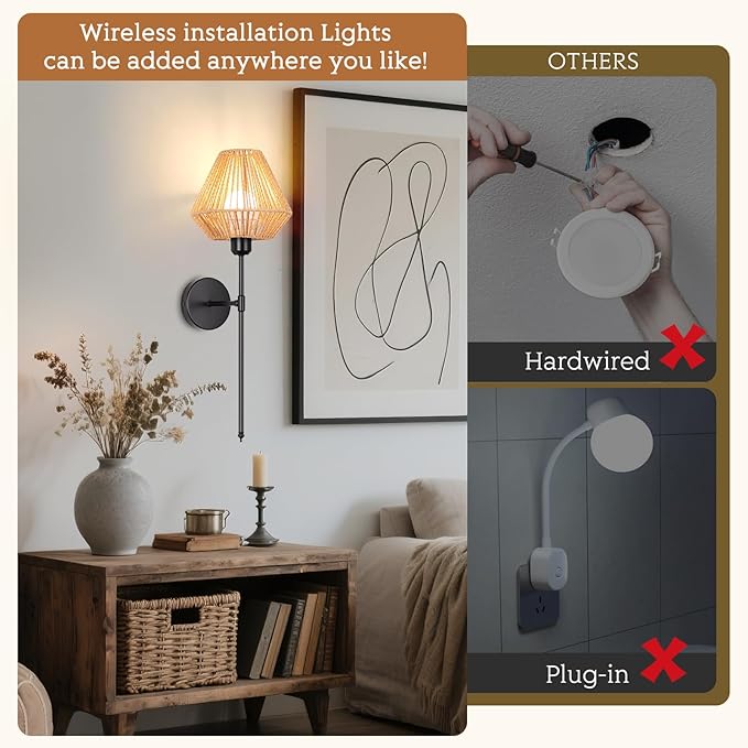 Battery Operated Wall Sconces Set of 2,Rattan Rechargeable Wall Light Dimmable with Remote Control,15 Color Changing and Timer,Boho Black Gold Wall Lamps for Bedroom,Living Room - Bloomnest