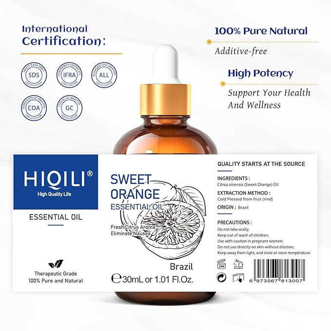 HIQILI 30ML Sweet Orange Essential Oil - Pure and Natural for Diffuser, Skin - 1 Fl Oz - Bloomnest