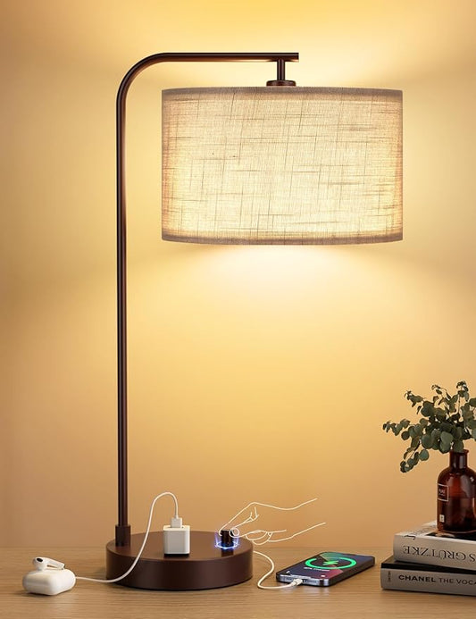 Innqoo Gray Tall Table Lamp with USB Port and Outlet, Dimmable Nightstand Bedside Lamps with Linen Lampshade, Desk Lamp for Bedroom, Living Room, Guest Room, Home Office, LED Bulb Included - Bloomnest