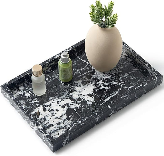 Real Natural Marble Tray for Bathroom, Vanity, Kitchen and Desktop, Rectangle Genuine Marble Stone Tray for Jewelry, Cosmetics, Candles, Lotion, Perfume and Home Decor (Black)