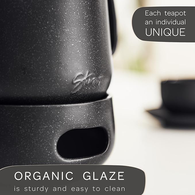 Steinzeit Design Tea Pot with Warmer (44 oz) - Premium Ceramic Teapot with Infuser for Loose Tea - Black Teapot Ceramic with Removable Steamer - Bloomnest