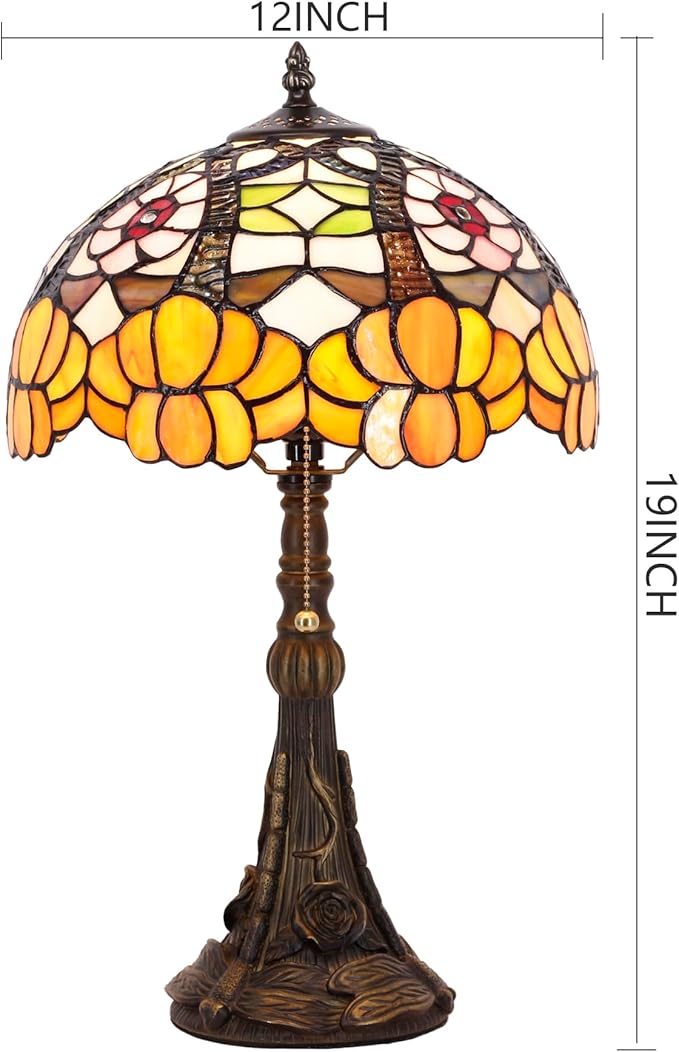 Tiffany Stained Glass Table Lamp 12X12X19 Inch Orange Flower Style Desk Bedroom Living Room Reading Light (Orange Flower) - Bloomnest