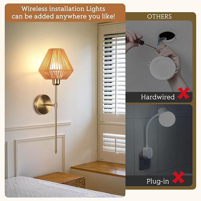 Battery Operated Wall Sconce Set of 2, Rattan Rechargeable Wall Light Dimmable with Remote Control, 15 Color Changing and Timer, Boho Wireless Battery Operated Wall lamps for Bedroom, living room - Bloomnest