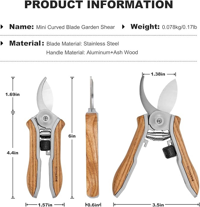 Berry&Bird Mini Pruning Shears for Gardening Curved Blades Hand Pruners with Wooden Handle Garden Scissors Snips Stainless Steel Trimming Small Clippers Bonsai Compact Size Sheaering Tool - Bloomnest