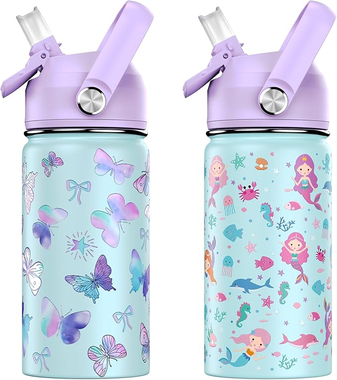 14oz Kids Insulated Water Bottle with Straw Lid - 18/8 Stainless Steel Kid Cup Travel Tumbler Double Wall Vacuum Leak Proof Portable Toddler Water Bottle (Butterfly+Mermaid） - Bloomnest