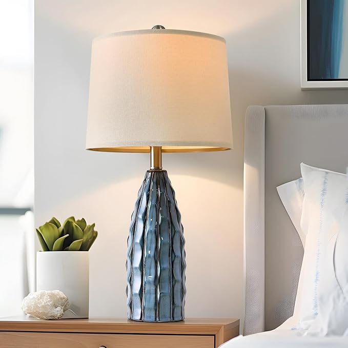 Ceramic Table Lamps Set of 2, 23.75" Modern Farmhouse Bedside Lamp - Blue Nightstand Lamps for Bedroom, Boho Living Room End Tables, Small Office Desk Lamp Decor - Bloomnest
