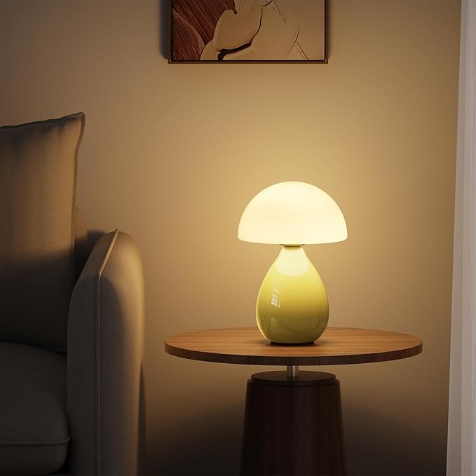 Mushroom Lamp Bedside, Mini Modern Lamp Small Vintage Table Nightstand Light, Small Light Dimmable for Bedroom, Living Room, Ceramic Base Glass Led Home Decor for Woman Children Gift - Bloomnest