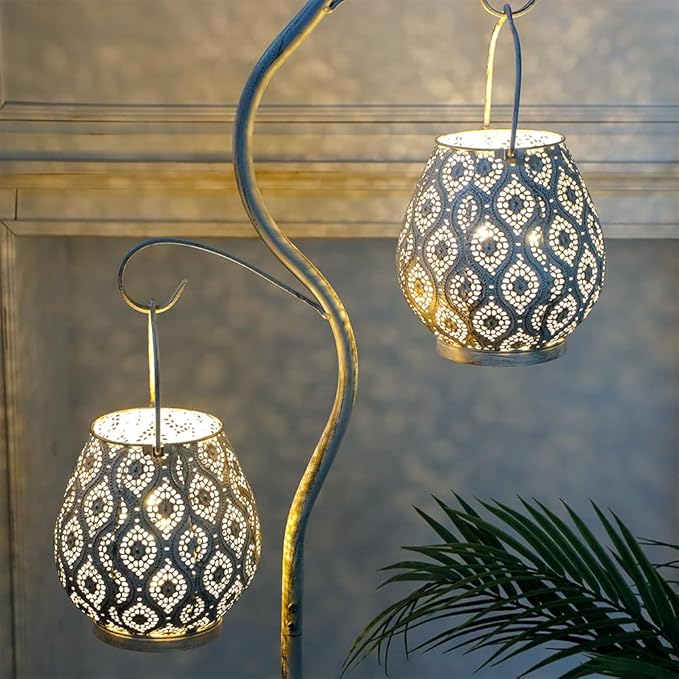 TRIROCKS Set of 2 Moroccan Decorative Lamps 8'' High Battery Powered Cordless Lamp Metal Table Lamps with Fairy Lights Bulb for Home Living Room Garden Yard Party Events Tabletop Indoor Outdoor(White) - Bloomnest