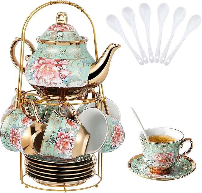 20 Pcs Porcelain Tea Set with Metal Holder, Adult Tea Set Gift, European Ceramic Tea Set for Adults, Flower Tea Cup Saucer Set for Party With Gold Flower Painting (Fresh Green) - Bloomnest