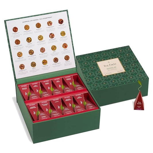 Tea Forte Warming Joy Holiday Herbal Premium Tea Chest Gift Sampler, 40 Count, 2 of each Variety Blend Individually Wrapped Handcrafted Pyramid Infuser Bags - Bloomnest