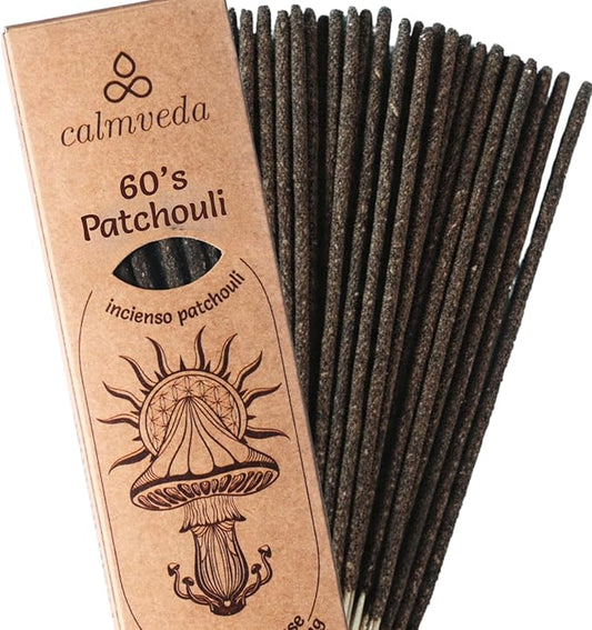 Authentic 60s Patchouli Incense Smudge - for Grounding Energy (24+ Sticks, 9 Inches) Thick Natural Incense Sticks Made with Indonesian Patchouli | Healing Herbal Incense for Daily Smudging CalmvedaIncenseAromatherapy