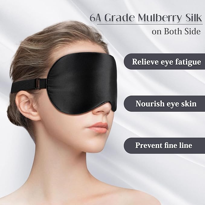 LULUSILK Mulberry Silk Sleep Eye Mask Blindfold with Adjustable Strap, Soft Eye Cover for Women Men Night Sleeping, Travel, Nap(Black) - Bloomnest