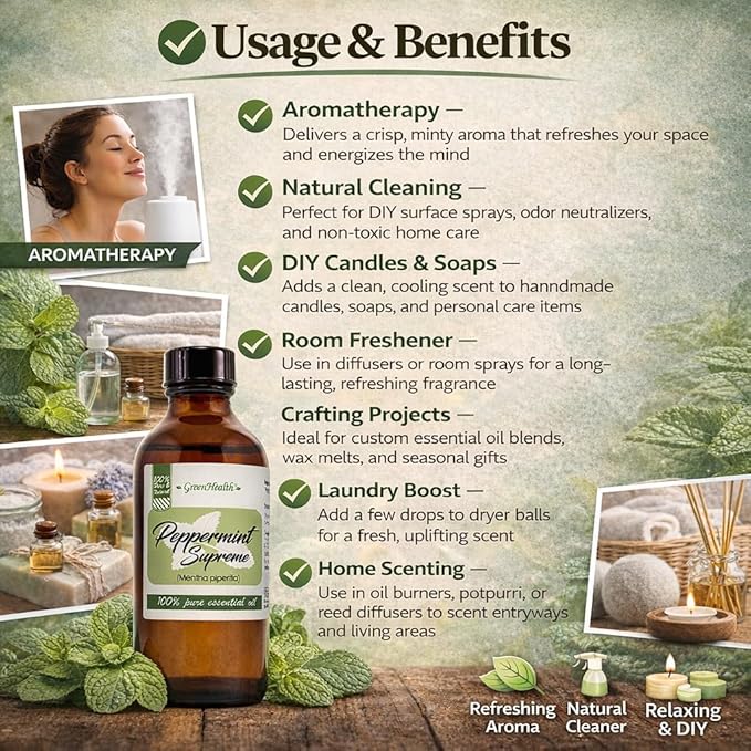 Peppermint Essential Oil (Mentha piperita) – 4 fl oz – Amber Glass Bottle with Cap – 100% Pure & Natural – Premium Therapeutic Grade – GreenHealth Greenals