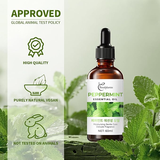 Peppermint Essential Oil 60ml-100% Pure & Natural Therapeutic Grade for Diffuser, Skincare & Hair Care-Invigorating & Refreshing Aroma for Focus, Stress Relief & Energy-Amber Glass Bottle with Dropper OKADY