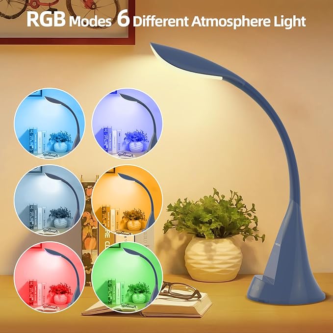 LED Desk Lamp with USB Charging Port, Dimmable Reading Light Touch Control and Eye Protection, Adjustable Brightness Table Lamp for Home Office Bedroom (Blue) - Bloomnest