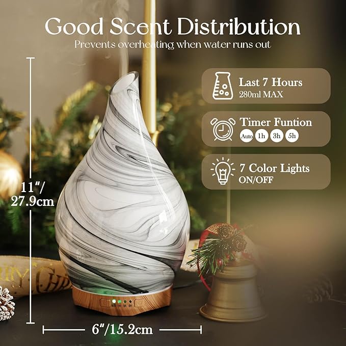Porseme 280ml Essential Oil Diffuser Glass Color Changing Aroma Air Diffusers Aromatherapy Ultrasonic Cool Mist Humidifier 7 Running Hours Waterless Auto-Off for Sleeping, Yoga, Office, Spa (Ink) - Bloomnest
