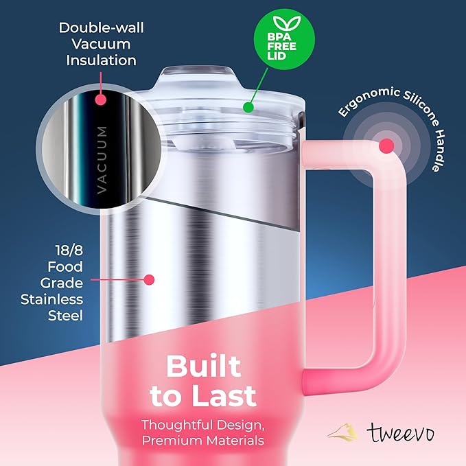 40 oz Tumbler With Handle and Straw Made of Stainless Steel - Double Wall Vacuum Insulated Tumbler With Lid - Sweat Proof Easy Grip, BPA-Free, Dishwasher Safe Tumbler (Misty Pink) - Bloomnest