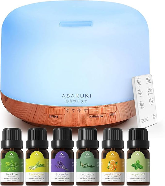 ASAKUKI Oil Diffuser with Essential Oils Set, 500ml Aromatherapy Humidifier with 14 LED Colors & Auto Shut-Off - 6 Oil Gift Pack(Lavender Eucalyptus Tea Tree Orange Peppermint Lemongrass) - Bloomnest