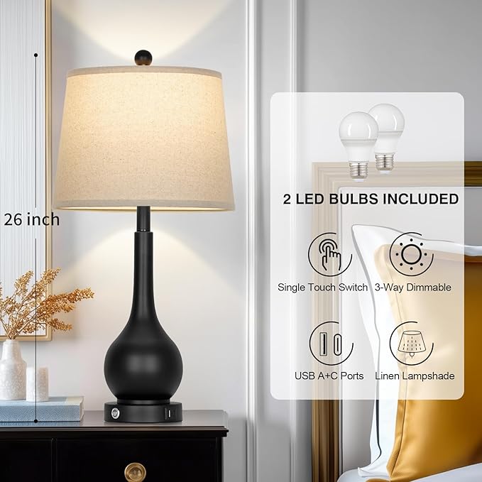 26" Black Table Lamps Set of 2 for Living Room, Touch Control Bedside Lamp for Bedroom, 3-Way Dimmable Nightstand Lamp with USB A+C Port (2 LED Bulbs Included) - Bloomnest