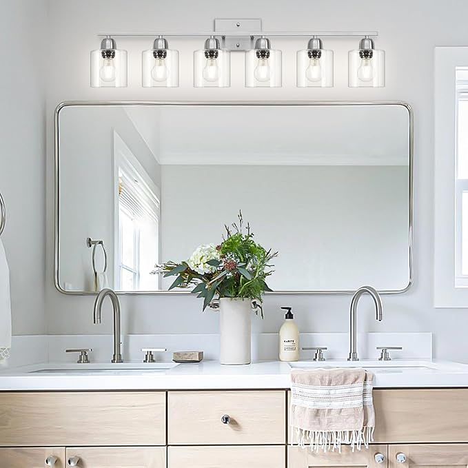 Modern Brushed Nickel 6 Light 38 inch Vanity Lights for Bathroom with Clear Glass, Vanity Light for Mirror Kitchen Living Room Hallway Cabinet Porch - Bloomnest