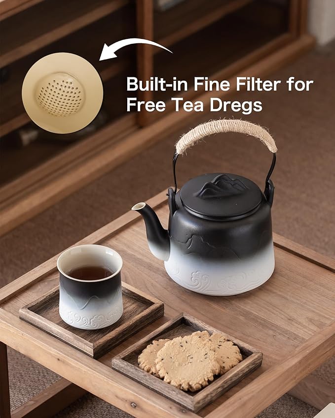 ZENS Vintage Japanese Teapot, 33.8 oz Gradient Embossed Ceramic Loose Leaf Tea Pot with Built-in Filter for Tea Steeper, Hemp Rope Handle Japanese Teapot for Tea Lovers Gifts, Black & White - Bloomnest