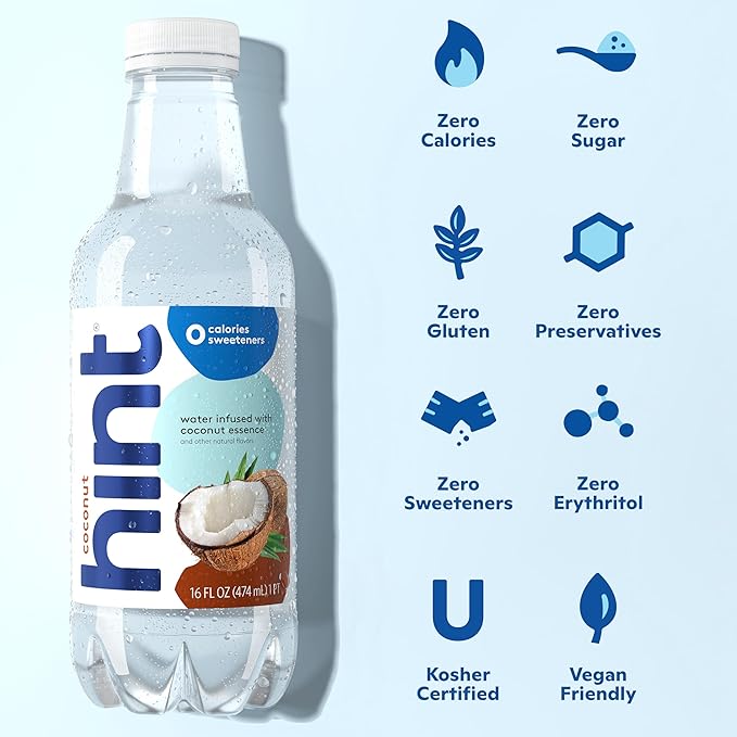 Hint Fruit-Infused Bottled Water, Coconut - Sugar Free Flavored Water with Zero Calories, Naturally Flavored, and No Artificial Sweeteners - 16 Fl Oz (Pack of 12) - Bloomnest